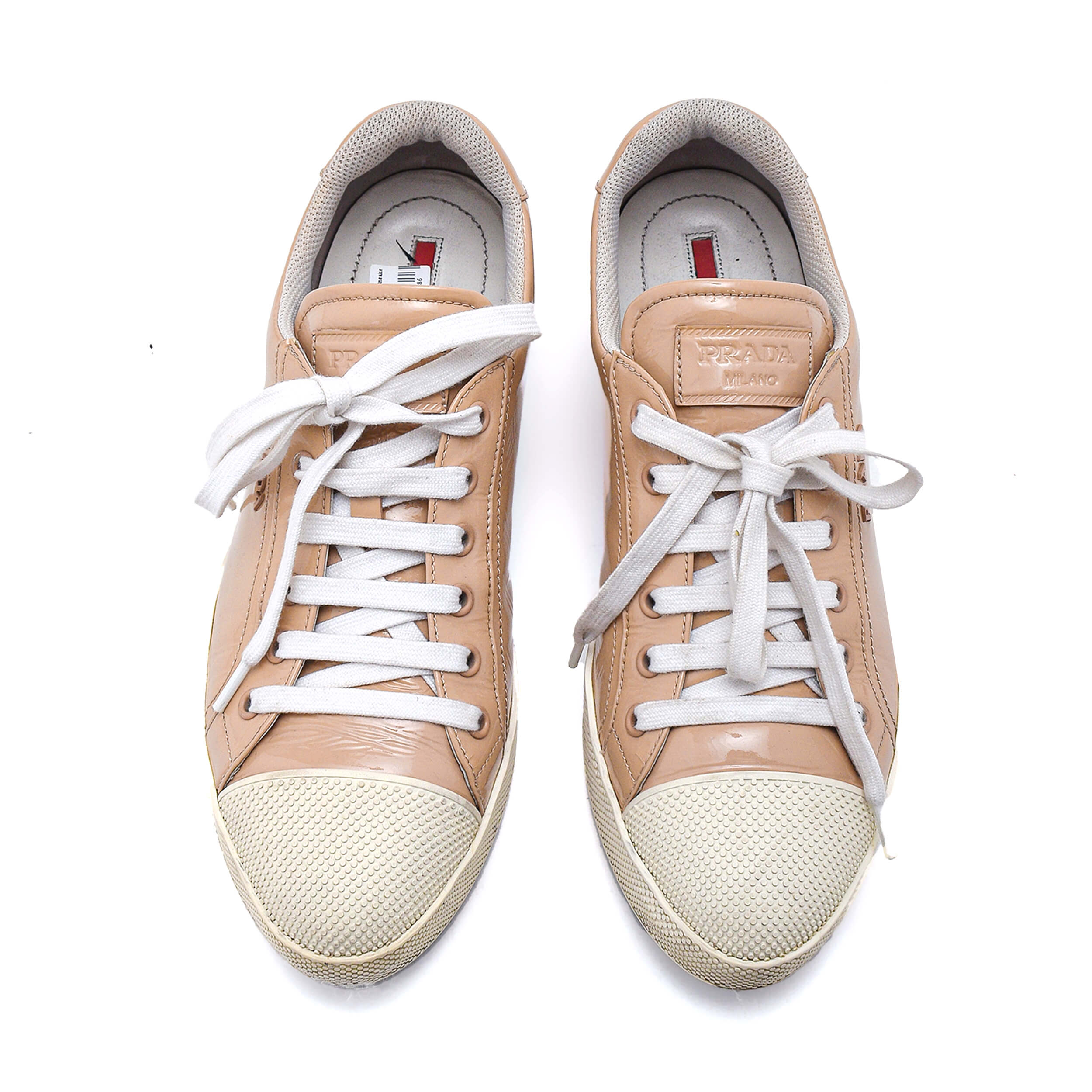 Prada - Beige Patent Leather Lace Up Sneakers